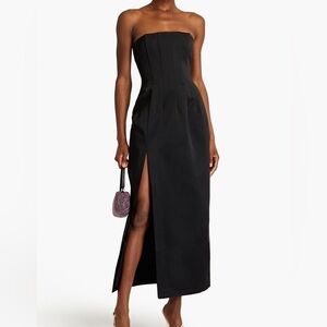 Sara Battaglia NWT Black Satin Front Slit Duchesse Maxi Dress Size 36